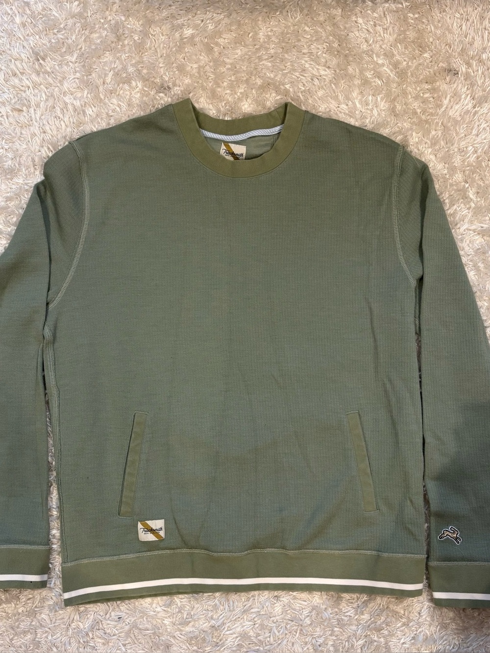 Tracksmith Sage Olive Green Waffle Knit Thick Cozy Crewneck Sweatshirt